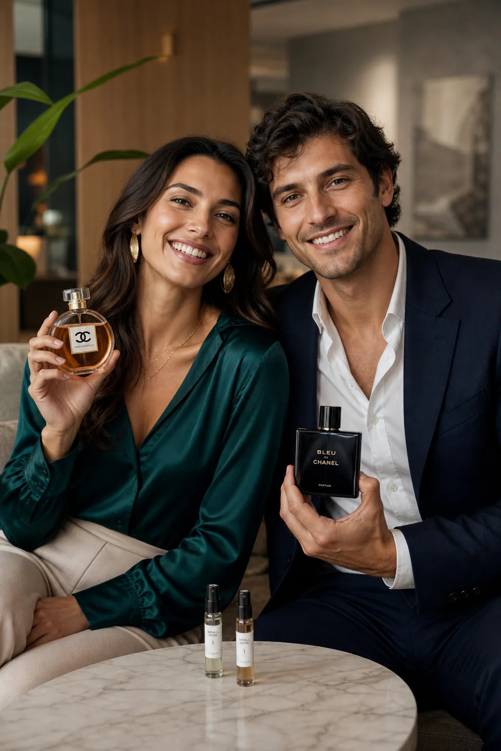 Casal experimentando perfumes originais em doses Dose 1