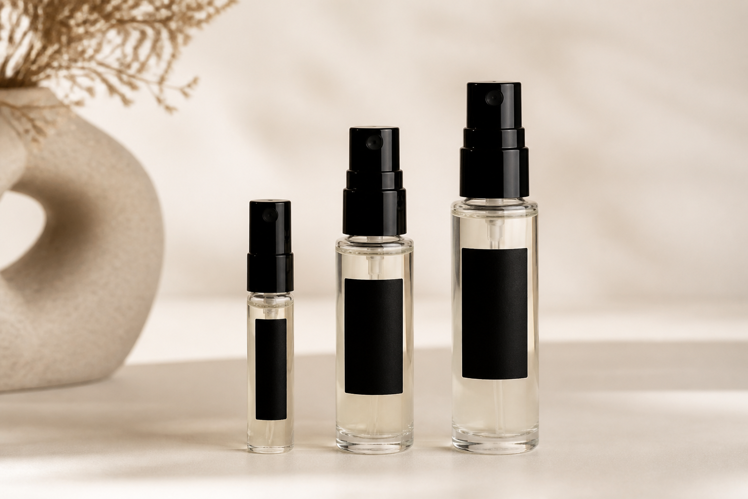 Decants em vidro com spray em três tamanhos: 2 ml, 5 ml e 10 ml