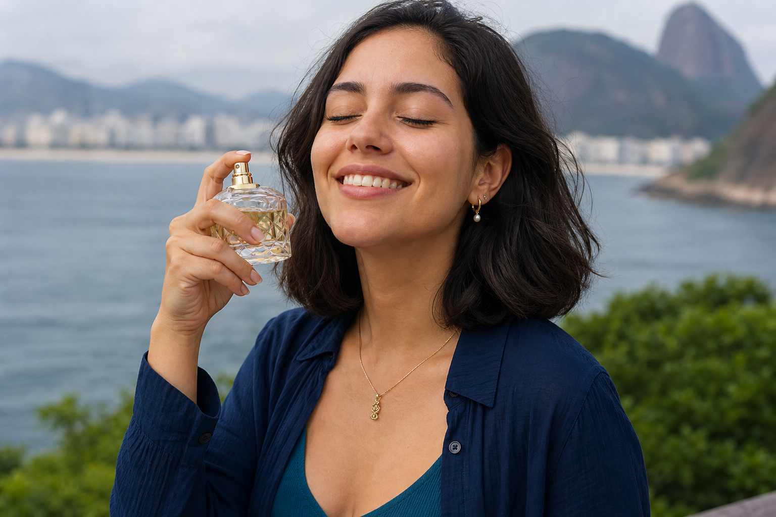 Cliente sorrindo com um frasco de perfume