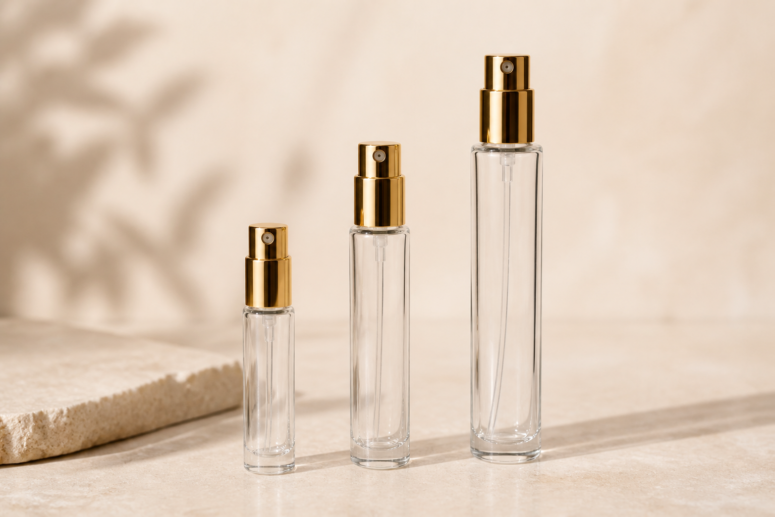 Três decants de perfume em tamanhos de 3, 5 e 10 ml